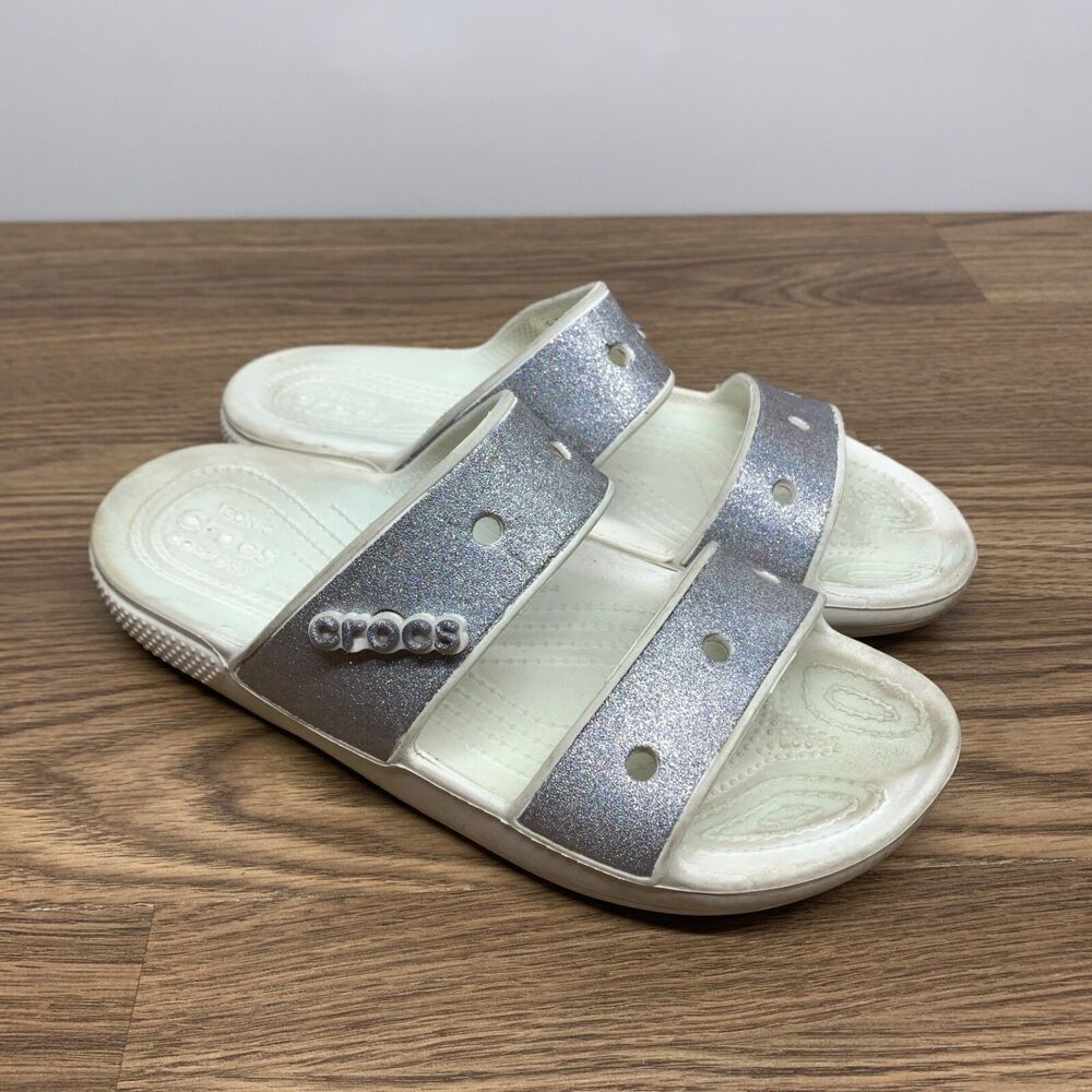 Iconic Crocs Comfort Women's Size 9 Silver Glitter Slides Sandal Shoes Mens 7